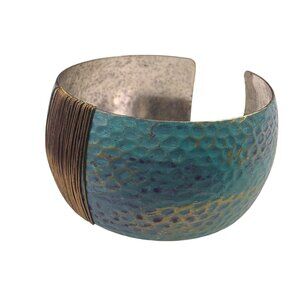 Hammered Textured Mixed Metal Cuff Bracelet Women Turquoise & Gold Tone